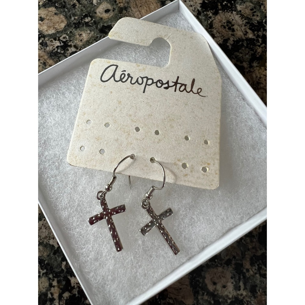 Aeropostale Silver Tone Textured Cross Dangle Earrings French Wire Religious
